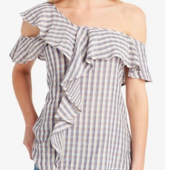 NWT Jessica Simpson Deep Cobalt Gingham Claris Ruffle Top - Picture 1 of 4